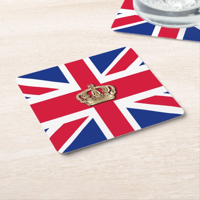 Crown and Union Jack Patriotic Square Paper Coaster (Angled)