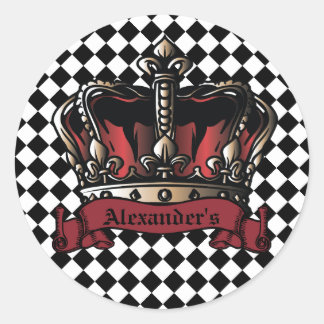 Crown Barber Logo Chequered Background Personalise Classic Round Sticker