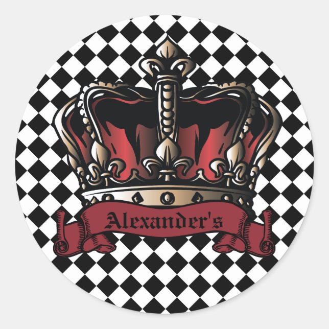 Crown Barber Logo Chequered Background Personalise Classic Round Sticker (Front)