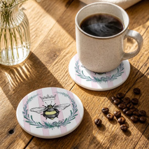 Crown Bee in Wreath Pink & White Striped Coaster