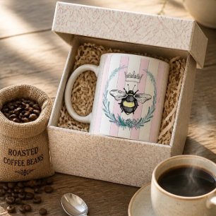 Crown Bee in Wreath Pink & White Striped Coffee Mug