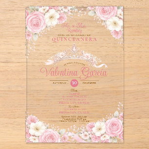 Crown Blush Pink Quinceañera Tiara 15 Anos Mexican Acrylic Invitations