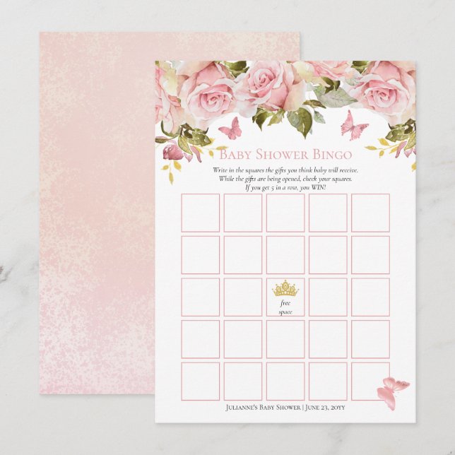 Crown | Butterflies Floral Baby Shower Bingo Card (Front/Back)