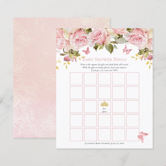 Crown | Butterflies Floral Baby Shower Bingo Card (Front/Back)