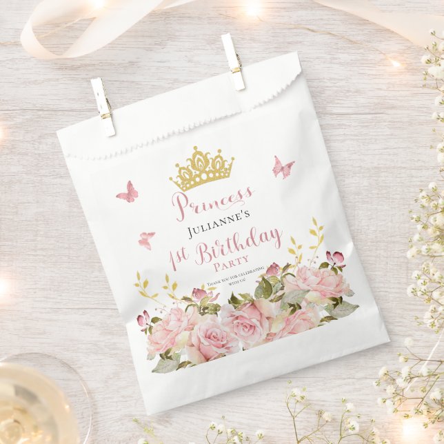 Crown | Butterflies Floral Princess 1st Birthday Favour Bags (Clipped)