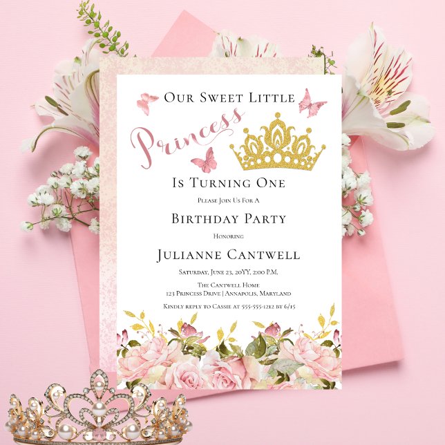 Crown | Butterflies Floral Princess 1st Birthday I Invitation ("Princess" Pink Rose Floral | Butterflies | Gold Crown Girl's 1st Birthday Party Invitation)