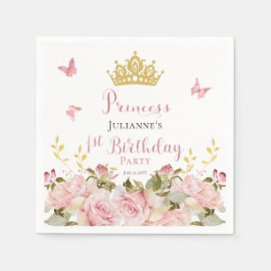 Crown   Butterflies Floral Princess 1st Birthday Napkin