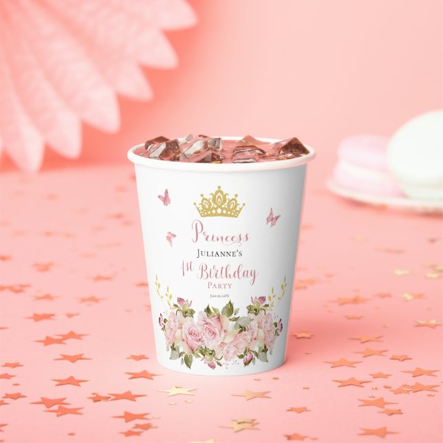 Crown | Butterflies Floral Princess 1st Birthday Paper Cups (Insitu)