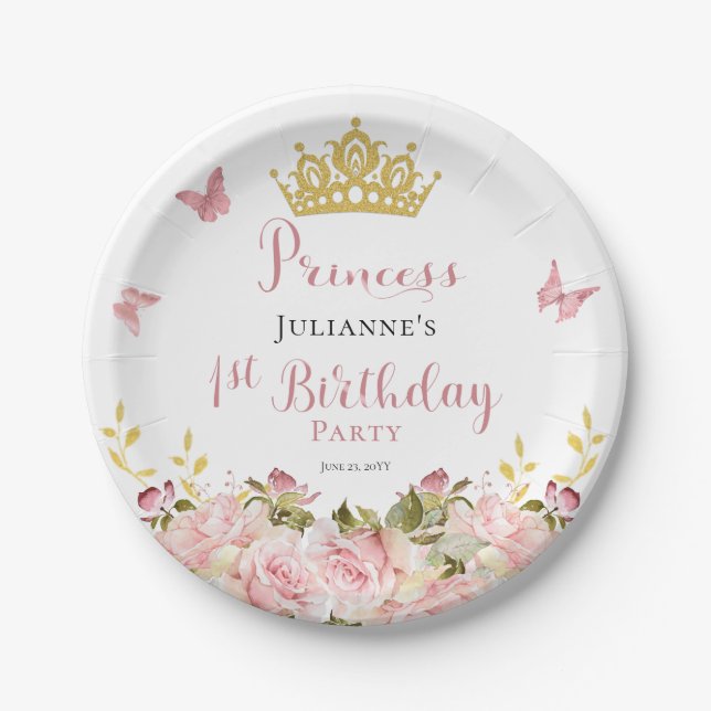Crown | Butterflies Floral Princess 1st Birthday Paper Plate (Front)