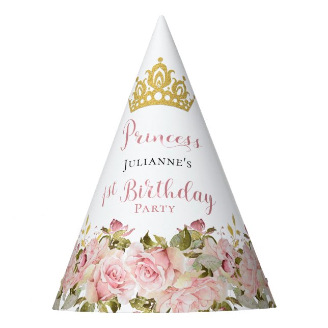 Crown | Butterflies Floral Princess 1st Birthday Party Hat (Front)