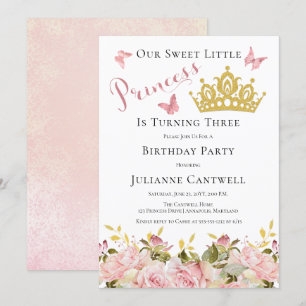 Crown   Butterflies Floral Princess 3rd Birthday I Invitation