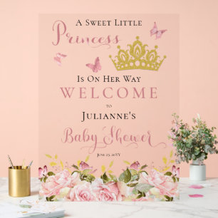 Crown   Butterflies Floral Princess Baby Shower Acrylic Sign
