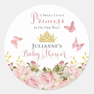 Crown   Butterflies Floral Princess Baby Shower Classic Round Sticker