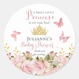 Crown   Butterflies Floral Princess Baby Shower Classic Round Sticker