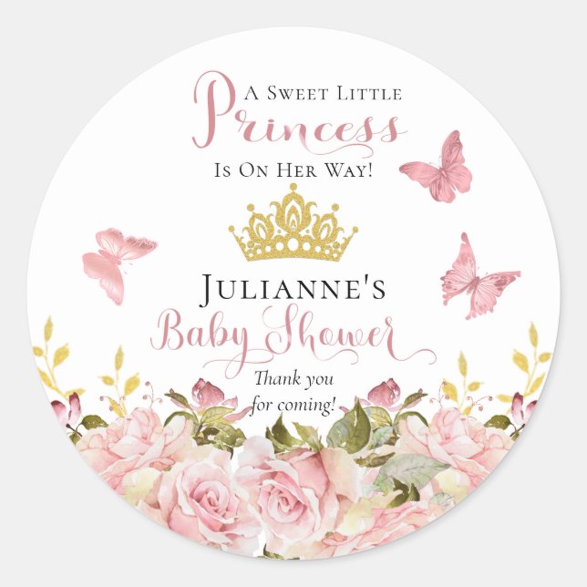 Crown | Butterflies Floral Princess Baby Shower Classic Round Sticker (Front)