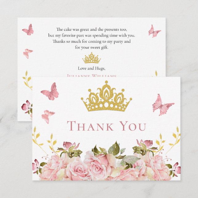 Crown | Butterflies Floral Princess Birthday Thank You Card (Front/Back)