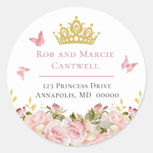 Crown   Butterflies Floral Princess Return Address Classic Round Sticker