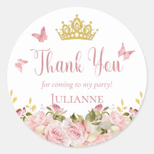 Crown   Butterflies Pink Floral Birthday Thank You Classic Round Sticker