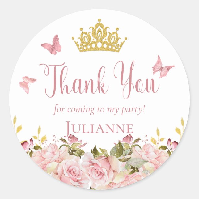 Crown | Butterflies Pink Floral Birthday Thank You Classic Round Sticker (Front)