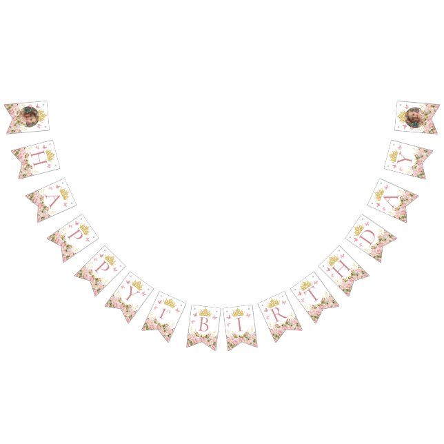 Crown Butterflies Pink Floral Photo Happy Birthday Bunting (All)
