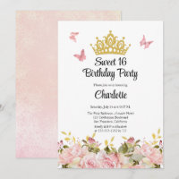 Crown | Butterflies Pink Floral Sweet 16 Birthday