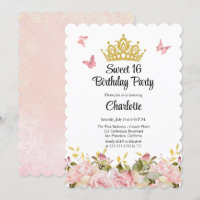 Crown | Butterflies Pink Floral Sweet 16 Birthday