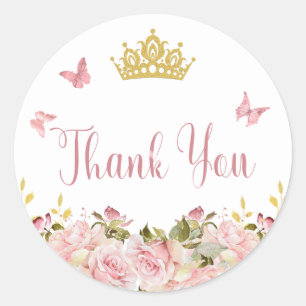 Crown   Butterflies Pink Floral Thank You Classic Round Sticker