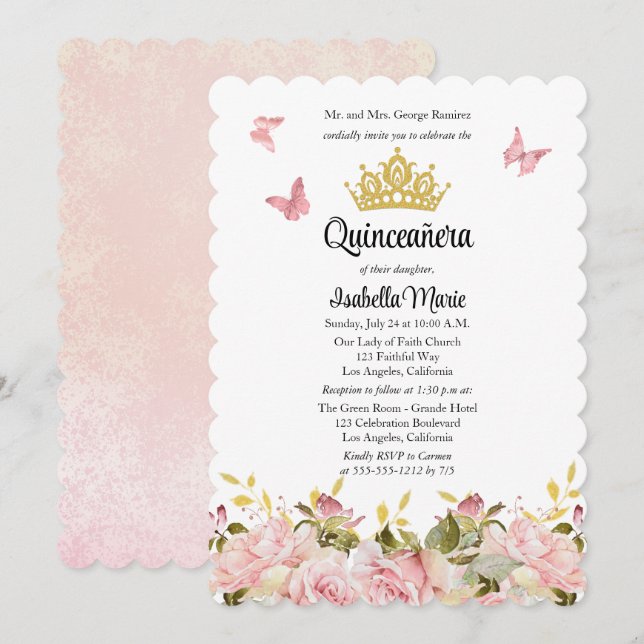 Crown | Butterflies Pink Rose Floral Quinceañera  Invitation (Front/Back)