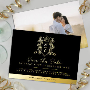 Crown crest black gold photo wedding save the date