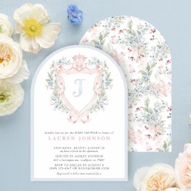 Crown Crest Monogram Pink Blue Baby Shower Invitation (Creator Uploaded)