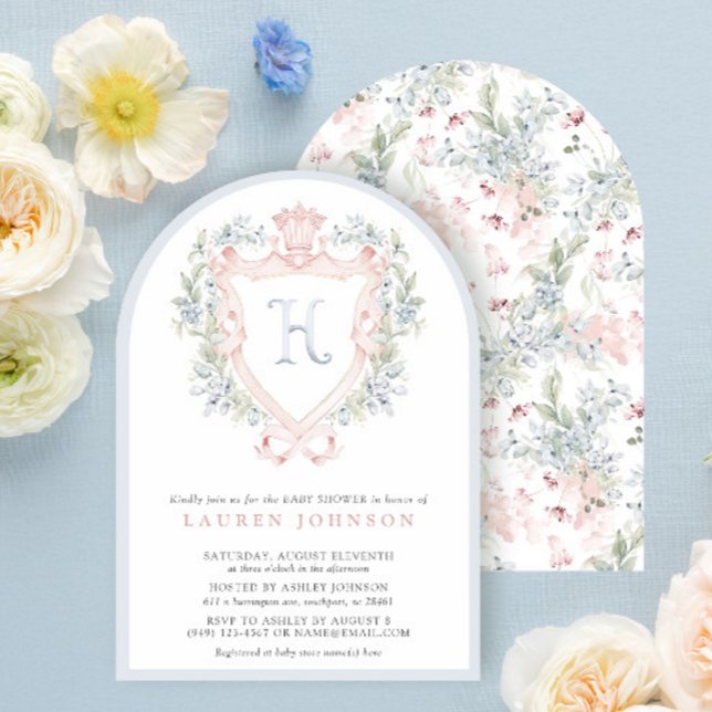 Crown Crest Monogram Pink Blue Baby Shower Invitation (Creator Uploaded)