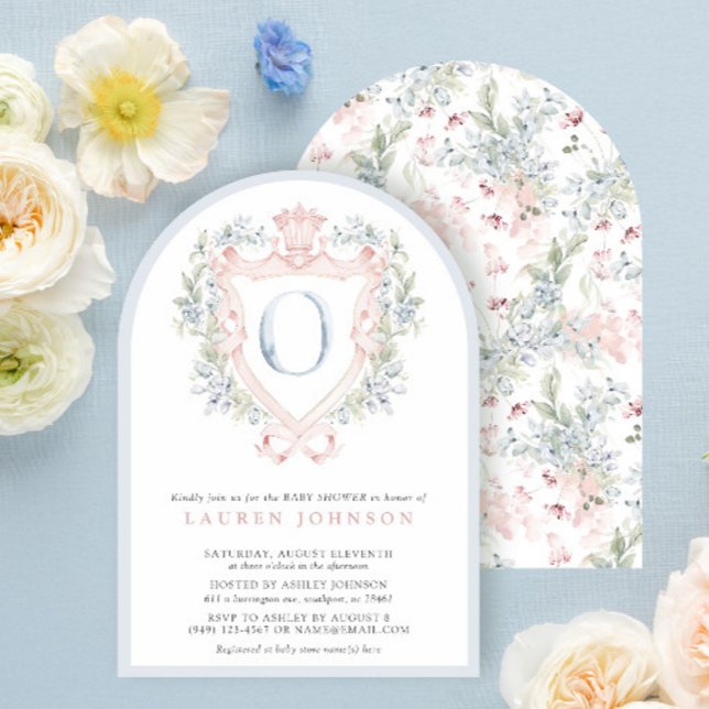 Crown Crest Monogram Pink Blue Baby Shower Invitation (Creator Uploaded)
