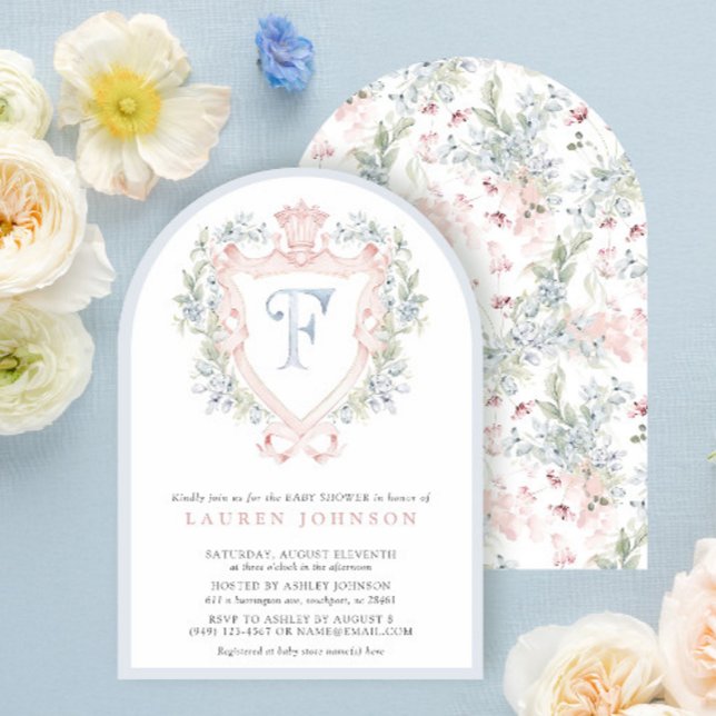 Crown Crest Monogram Pink Blue Baby Shower Invitation (Creator Uploaded)