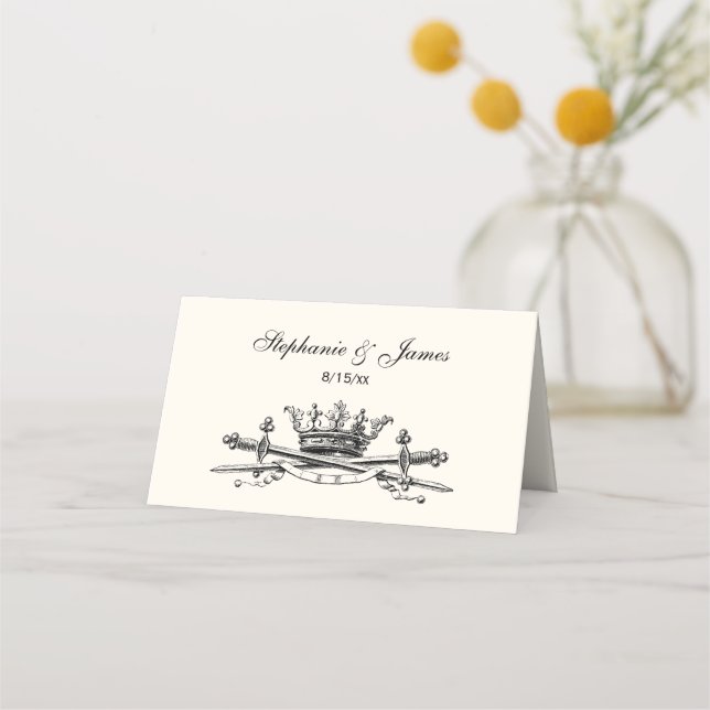 Crown Crossed Sabres Place Card Escort Card Ivory (Front)