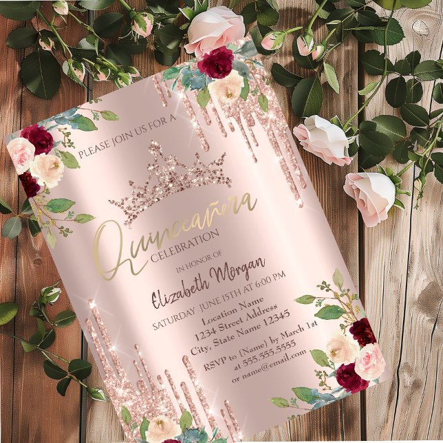 Crown Drop,Burgundy Roses Rose Gold Quinceañera   Invitation (Creator Uploaded)