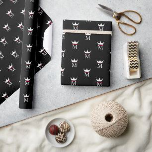 Crown Elegant Monogram Black White Red Pattern Wrapping Paper