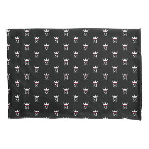 Crown Elegant Monogram Pattern Black White and Red Pillowcase