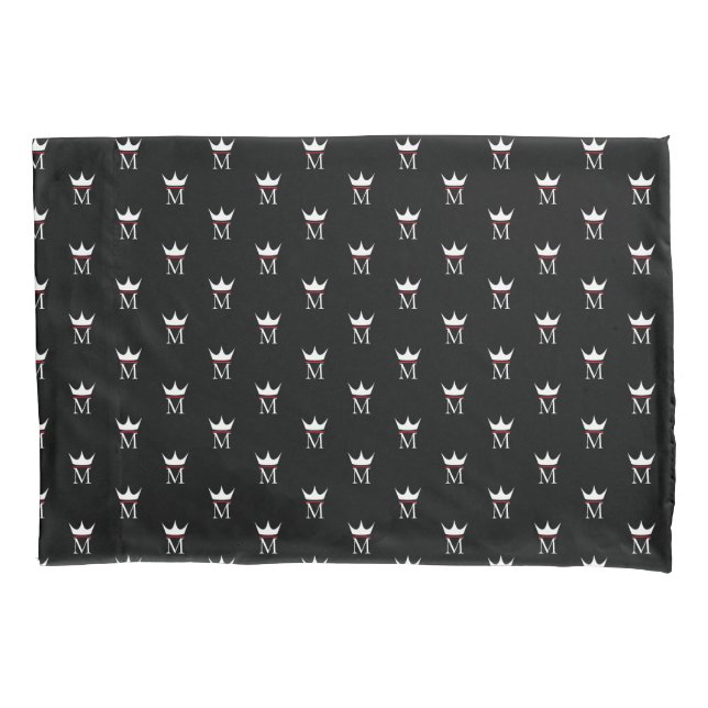 Crown Elegant Monogram Pattern Black White and Red Pillowcase (Front)
