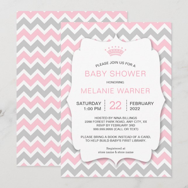 Crown Girl Bring a Book Baby Shower invites (Front/Back)
