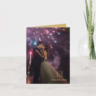 Crown heart monogram gold white wedding photo thank you card