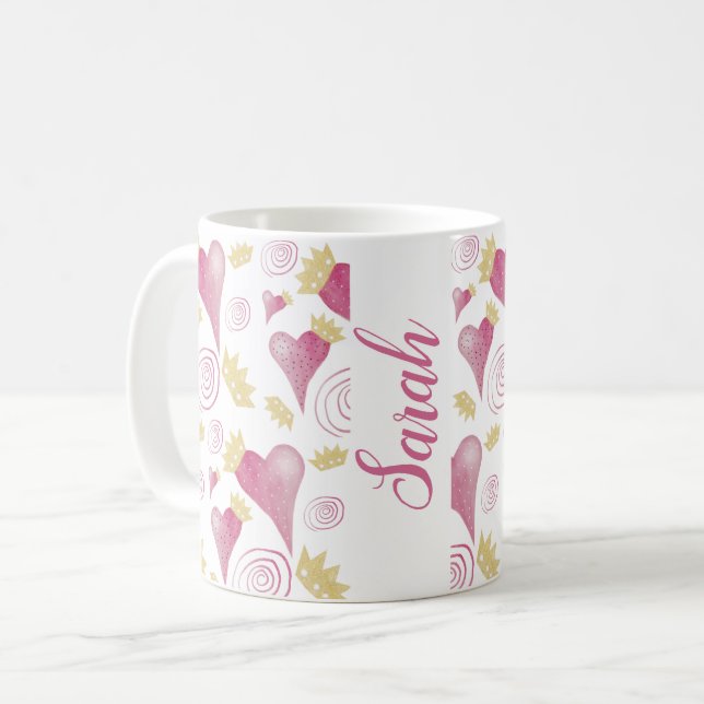 Crown Heart Pink Watercolor Monogrammed Coffee Mug (Front Left)