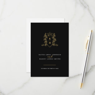 Crown leaves monogram wedding black gold RSVP card