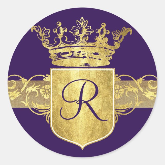 Crown Monogram, Gold Tones Classic Round Sticker (Front)