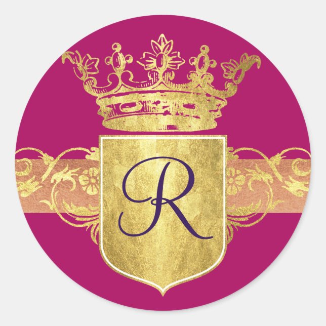 Crown Monogram, Gold Tones Classic Round Sticker (Front)
