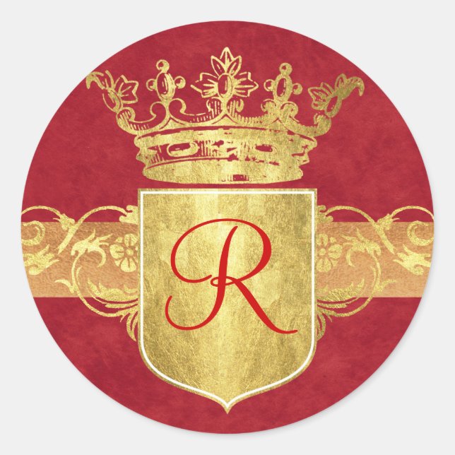 Crown Monogram in Gold Tones Classic Round Sticker (Front)