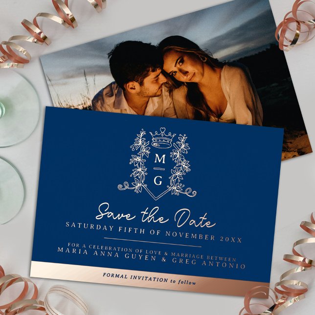 Crown photo wedding save the date blue rose gold (Creator Uploaded)