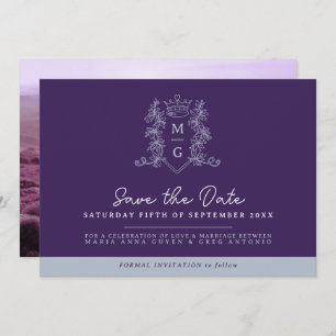 Crown photo wedding save the date purple grey