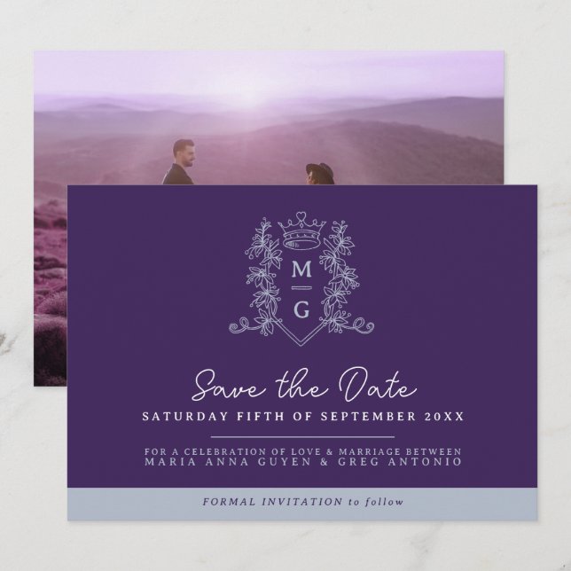 Crown photo wedding save the date purple grey (Front/Back)