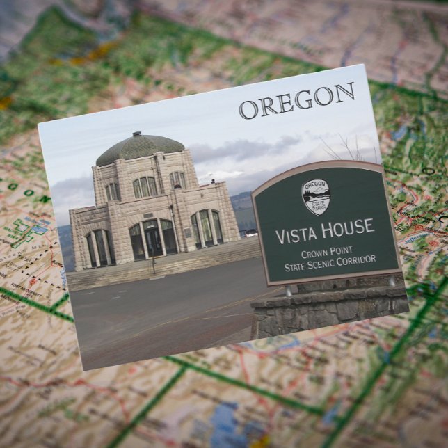 Crown Point Vista House, Oregon Travel Photo Postcard (In Situ Map)