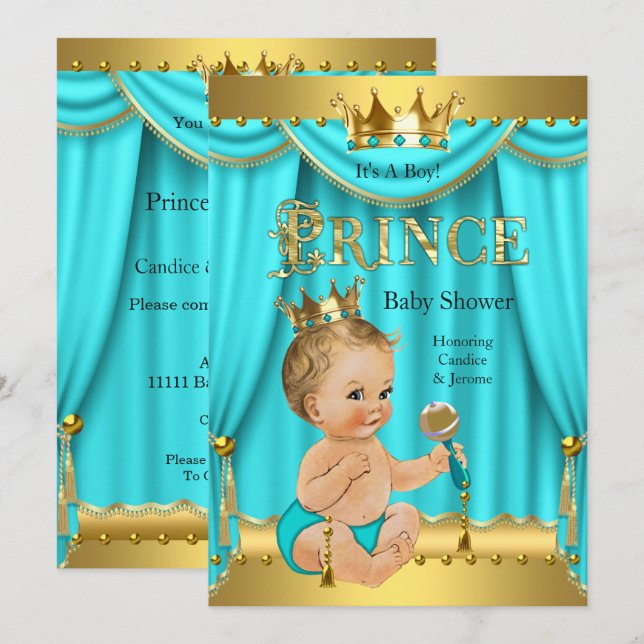 Crown Prince Baby Shower Gold Aqua Teal Blonde Boy Invitation (Front/Back)